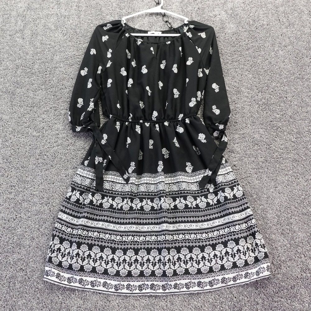 Maurices Dress Womens Extra Small Black Floral Boho Elastic Waist 3/4 Sleeve